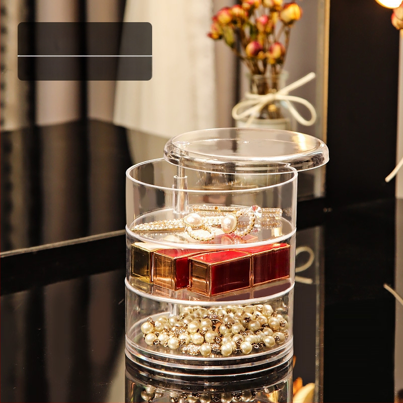 Kosmeetikatoodete hoiukarp Läbipaistev akrüülist magamistoa pöörlev tolmukindel ehted juukserõngad kõrvarõngad puudripuhv huulepulga hoiuriiul