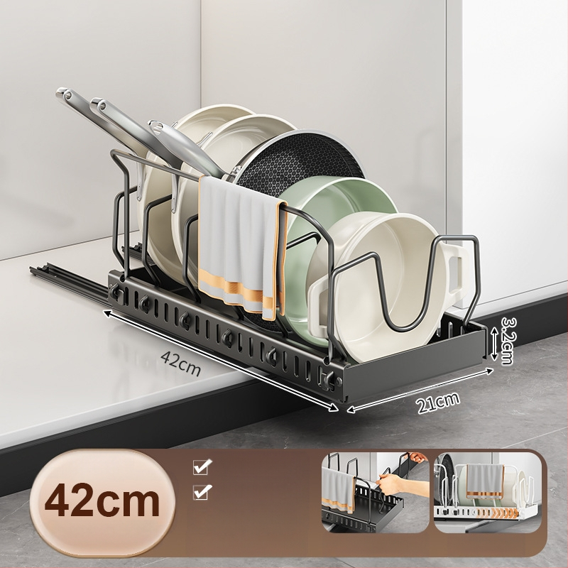 Ράφι αποθήκευσης καπακιού κουζίνας, ρυθμιζόμενος χώρος για κατσαρόλες, ράφι για κατσαρόλες, ντουλάπι πάγκου, συρόμενη βάση αποθήκευσης πιάτων