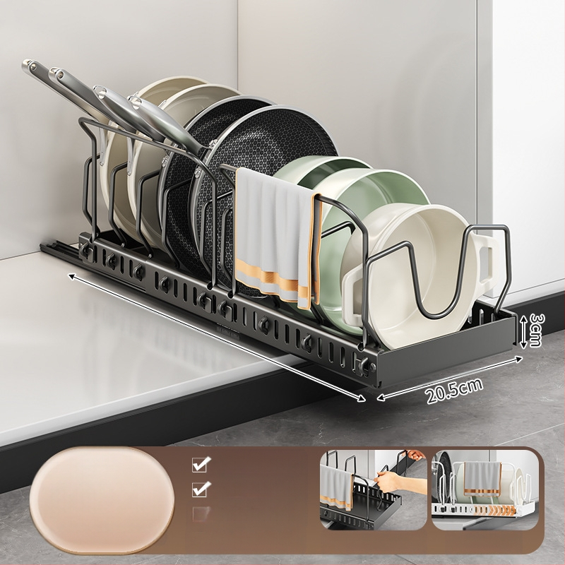 Ράφι αποθήκευσης καπακιού κουζίνας, ρυθμιζόμενος χώρος για κατσαρόλες, ράφι για κατσαρόλες, ντουλάπι πάγκου, συρόμενη βάση αποθήκευσης πιάτων