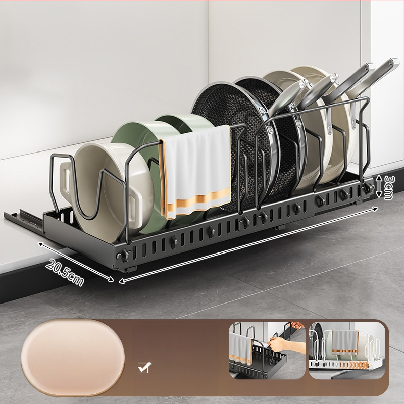 Ράφι αποθήκευσης καπακιού κουζίνας, ρυθμιζόμενος χώρος για κατσαρόλες, ράφι για κατσαρόλες, ντουλάπι πάγκου, συρόμενη βάση αποθήκευσης πιάτων
