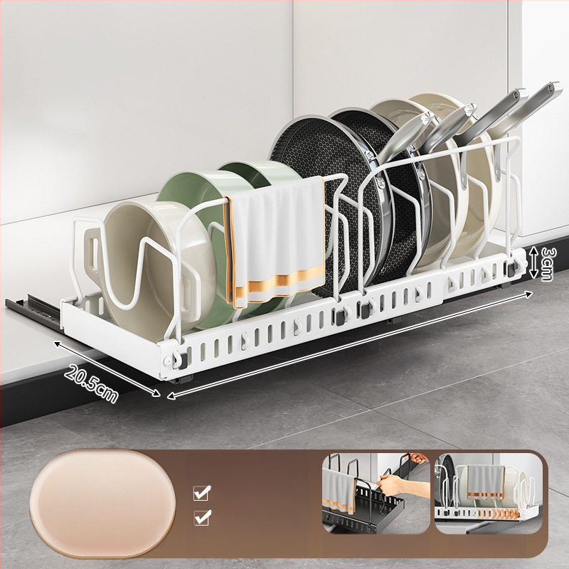 Ράφι αποθήκευσης καπακιού κουζίνας, ρυθμιζόμενος χώρος για κατσαρόλες, ράφι για κατσαρόλες, ντουλάπι πάγκου, συρόμενη βάση αποθήκευσης πιάτων