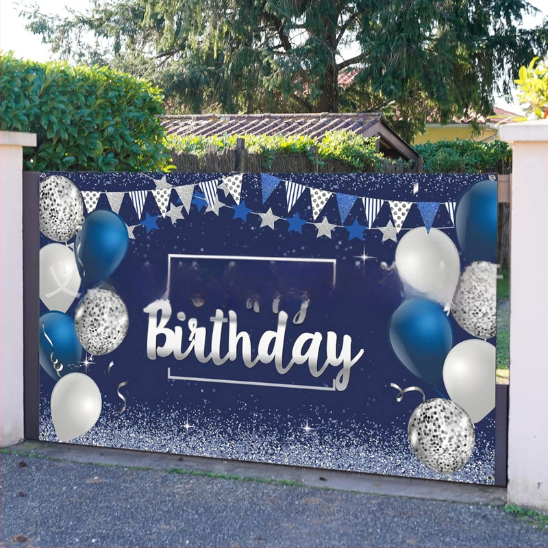 Трансгранично парти за рожден ден, син сребърен банер, балон с честит рожден ден, звезда, декорация за стена, фон, плат