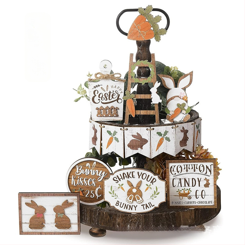 Великденски поднос с многослойна декорация от дърво, морков, заек, табела, настолен кухненски орнамент, класически