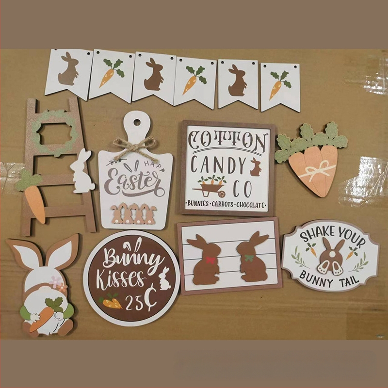 Великденски поднос с многослойна декорация от дърво, морков, заек, табела, настолен кухненски орнамент, класически