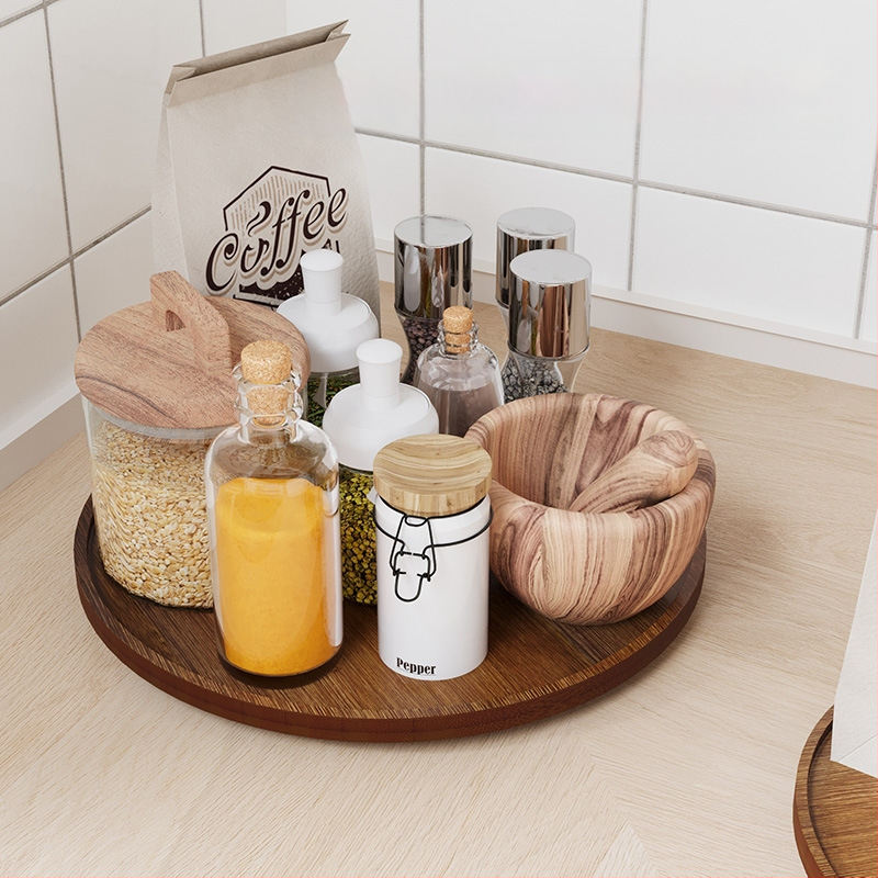 Egyszerű konyhai forgó fűszertároló állvány, asztali hálószoba kiegészítők, multifunkcionális bambusz tálca tároló állvány