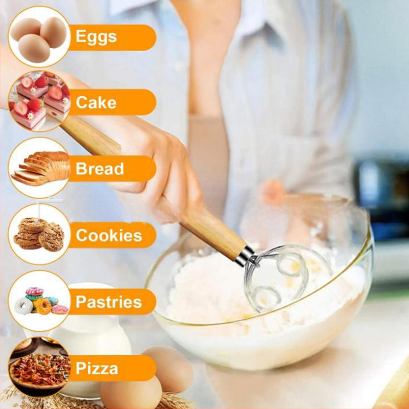 Tarpvalstybinis naujas ąžuolo rankenos plekšnių miltų maišytuvas tešlos maišytuvas nerūdijančio plieno ritės kiaušinių plakimo įrankis