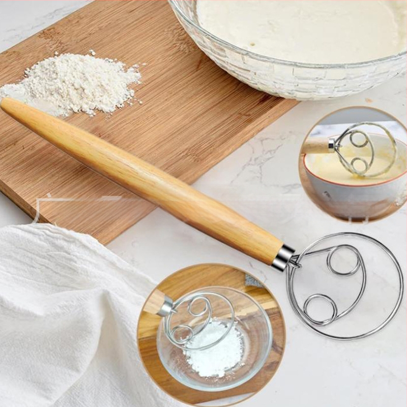 Tarpvalstybinis naujas ąžuolo rankenos plekšnių miltų maišytuvas tešlos maišytuvas nerūdijančio plieno ritės kiaušinių plakimo įrankis