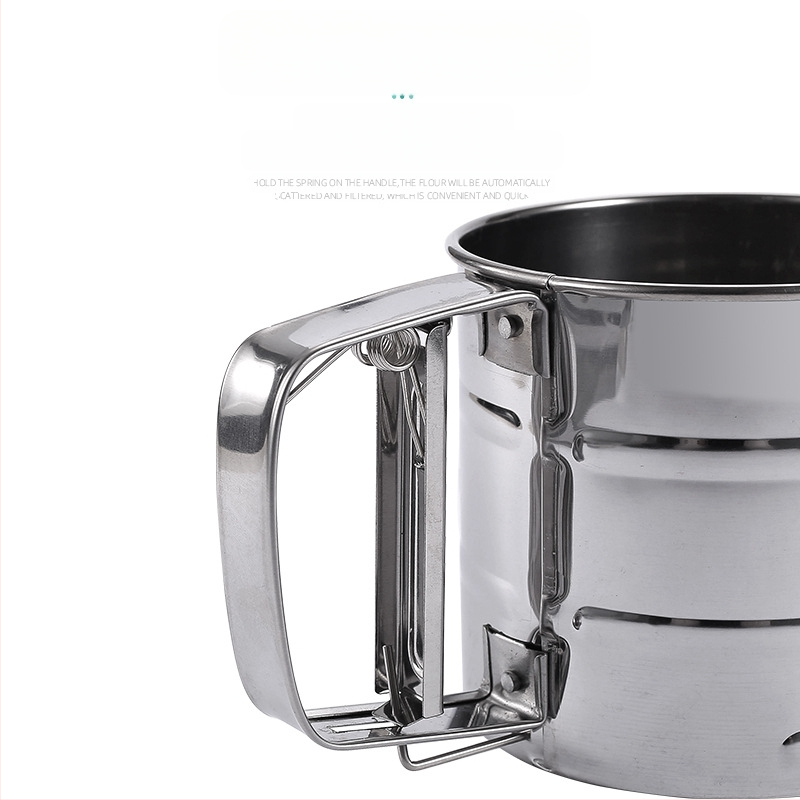 Rankinis pusiau automatinis miltų sijotuvas, skirtas kepti miltus vietoje, nerūdijančio plieno miltų sijotuvas, filtro puodelio tipo, rankinio slėgio tipo