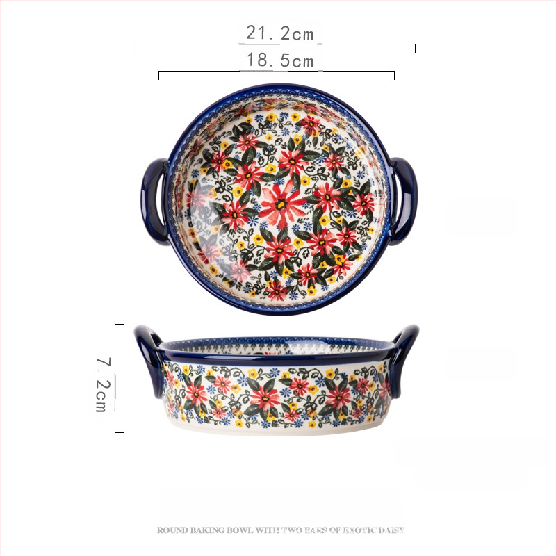 Lenkiško keraminio dubenėlio su rankena buitinė lėkštė kepimo dubenėlis su dviguba ausimi sriubos dubenėlis salotoms greito paruošimo makaronų dubenėlis retro stalo įrankiai „Amazon“