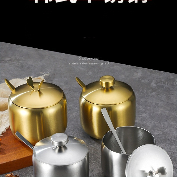 Korėjietiško stiliaus nerūdijančio plieno prieskonių buteliukas, virtuvės čili, sojų padažo indelis, druskos indelis su šaukštu, prieskonių dėžutė, kūrybingas auksinis indelis