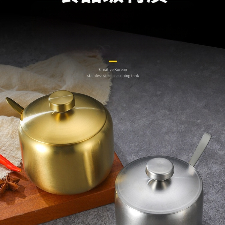 Korėjietiško stiliaus nerūdijančio plieno prieskonių buteliukas, virtuvės čili, sojų padažo indelis, druskos indelis su šaukštu, prieskonių dėžutė, kūrybingas auksinis indelis