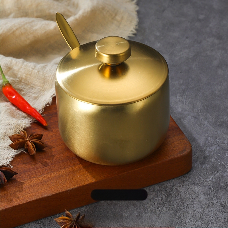 Korėjietiško stiliaus nerūdijančio plieno prieskonių buteliukas, virtuvės čili, sojų padažo indelis, druskos indelis su šaukštu, prieskonių dėžutė, kūrybingas auksinis indelis