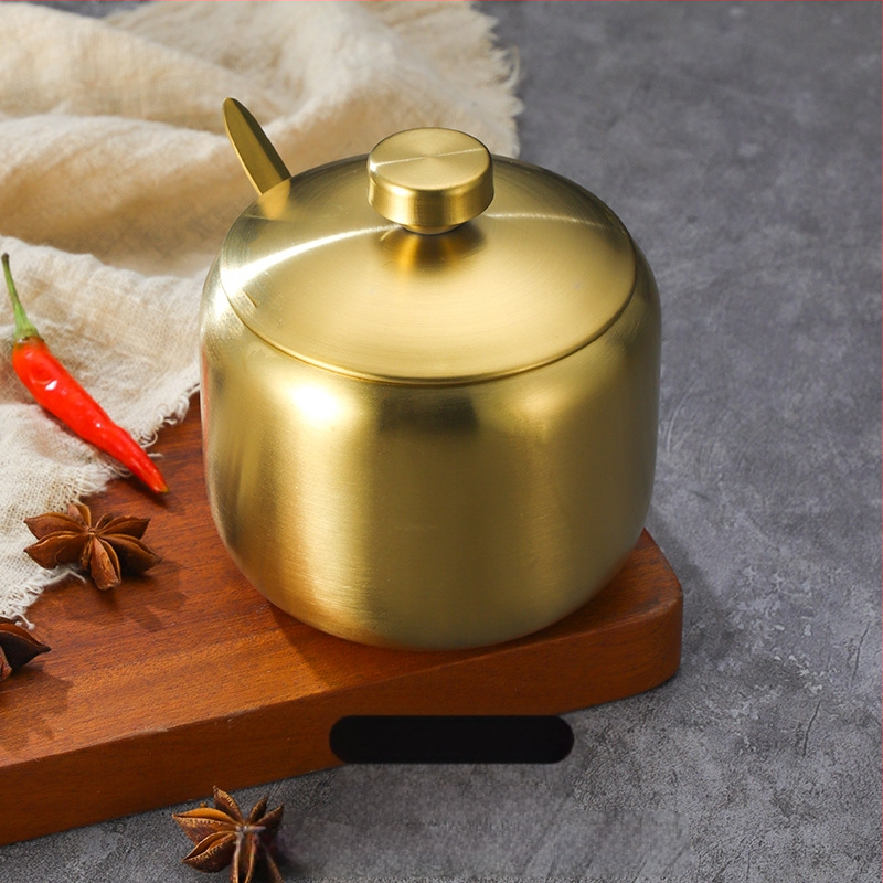 Korėjietiško stiliaus nerūdijančio plieno prieskonių buteliukas, virtuvės čili, sojų padažo indelis, druskos indelis su šaukštu, prieskonių dėžutė, kūrybingas auksinis indelis