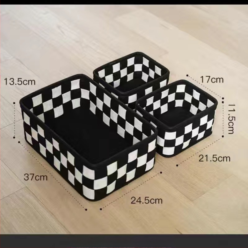 Кошница за съхранение от филц, винтидж семпла кутия за съхранение с шахматна дъска, кошница за съхранение на козметични принадлежности, кутия за съхранение на плот