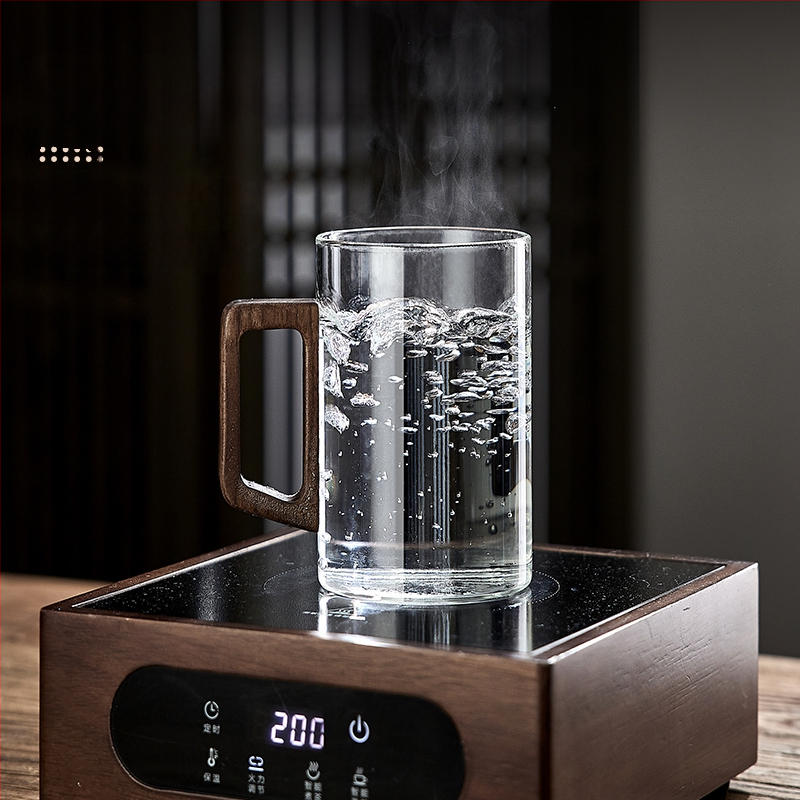 Стъклена чаша, чаша за зелен чай, японска чаша за чай с дръжка, чаша за чай, устойчива на висока температура офис питейна вода, чаша с дървена дръжка, устойчива на изгаряне