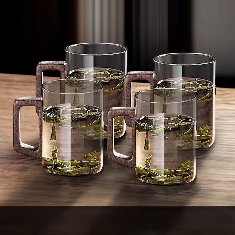 Стъклена чаша, чаша за зелен чай, японска чаша за чай с дръжка, чаша за чай, устойчива на висока температура офис питейна вода, чаша с дървена дръжка, устойчива на изгаряне
