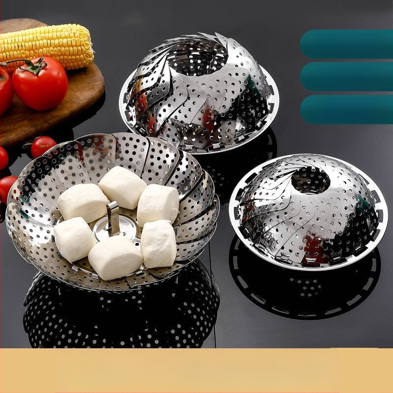 Sabiezināts nerūsējošā tērauda tvaicēšanas režģis, izvelkams, salokāms tvaicēšanas paplāte, tvaicēšanas paplāte, tvaicēšanas režģi, daudzfunkcionāla augļu paplāte, notekas grozs, dāvana