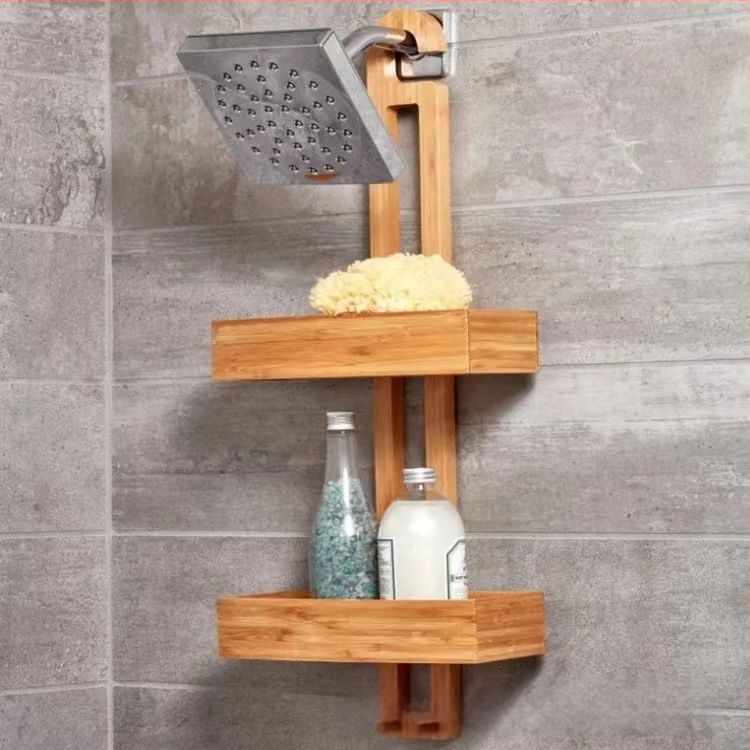 Ράφι ποτίσματος ντους κρεμαστό μπάνιου από μασίφ ξύλο, ράφι στερέωσης προϊόντων μπάνιου, ράφι αποθήκευσης με γάντζο από μπαμπού