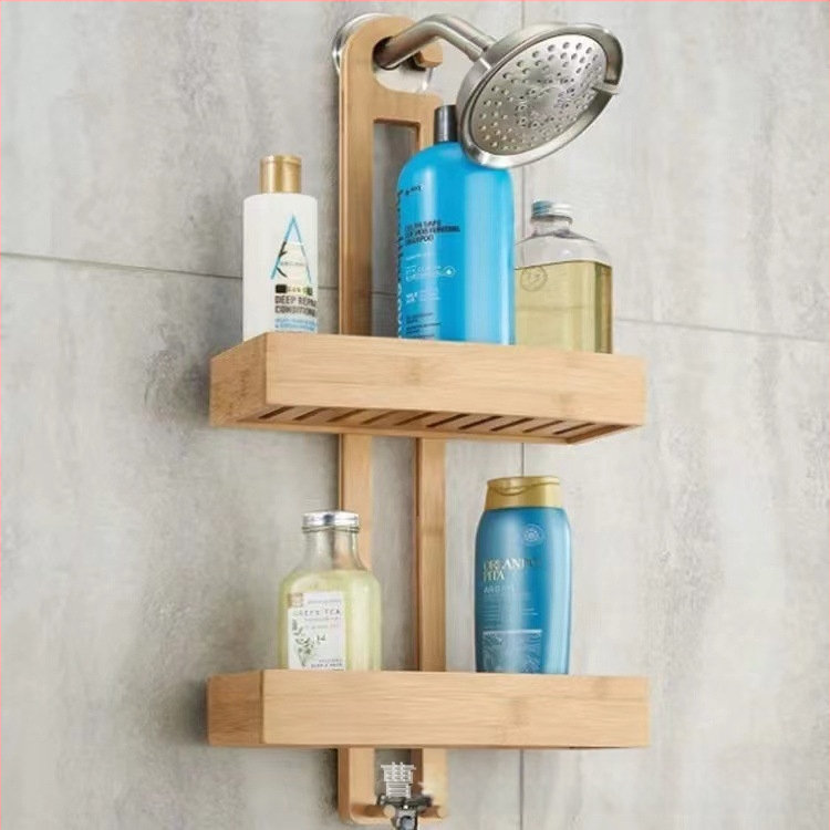 Ράφι ποτίσματος ντους κρεμαστό μπάνιου από μασίφ ξύλο, ράφι στερέωσης προϊόντων μπάνιου, ράφι αποθήκευσης με γάντζο από μπαμπού