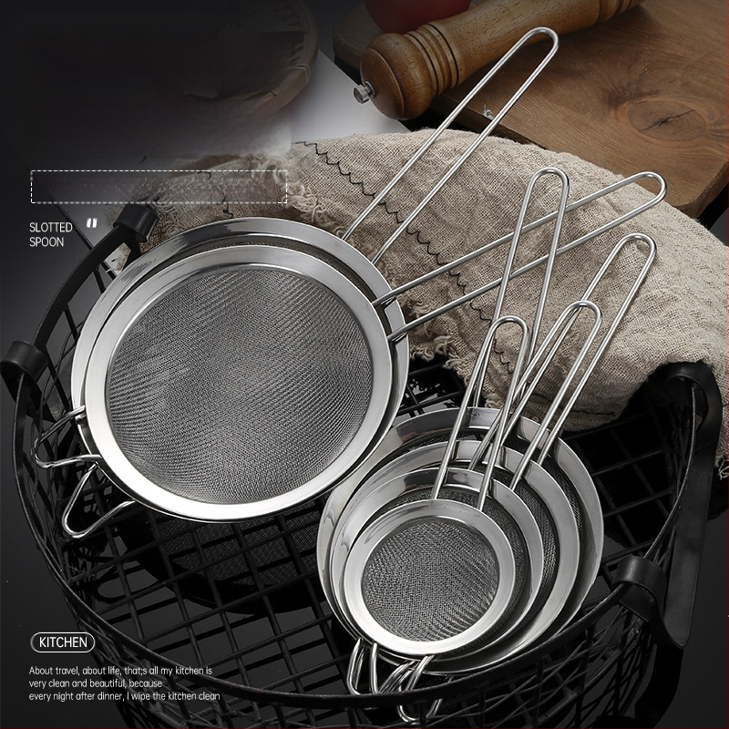 304 nerūdijančio plieno sietelis, vienos ausies, dviejų linijų, didelis kiaurasamtis, miltų tinklelis, sojų pieno sietelis, virtuvės aliejaus likučių tinklelis, aliejaus grotelės