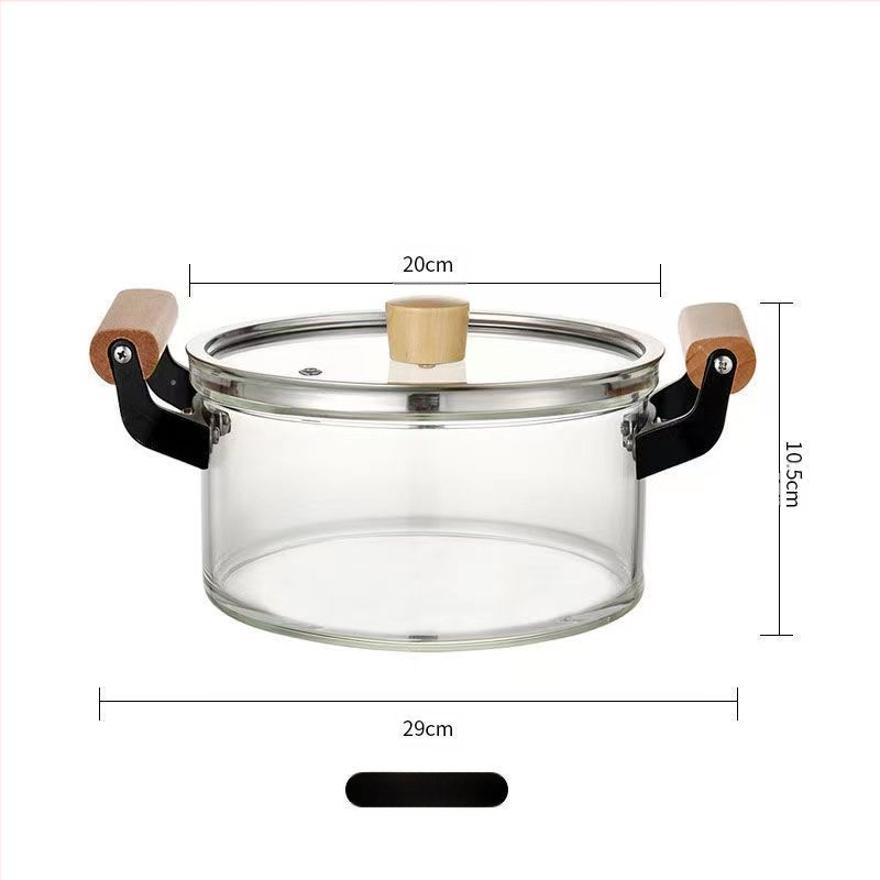 Stiklinis puodas su borosilikatinio stiklo sriubos puodu, troškinio puodu, medinės rankenos pieno puodu su dangčiu, „Temu Dropshipping“ dvigubos ausies puodu su atvira liepsna