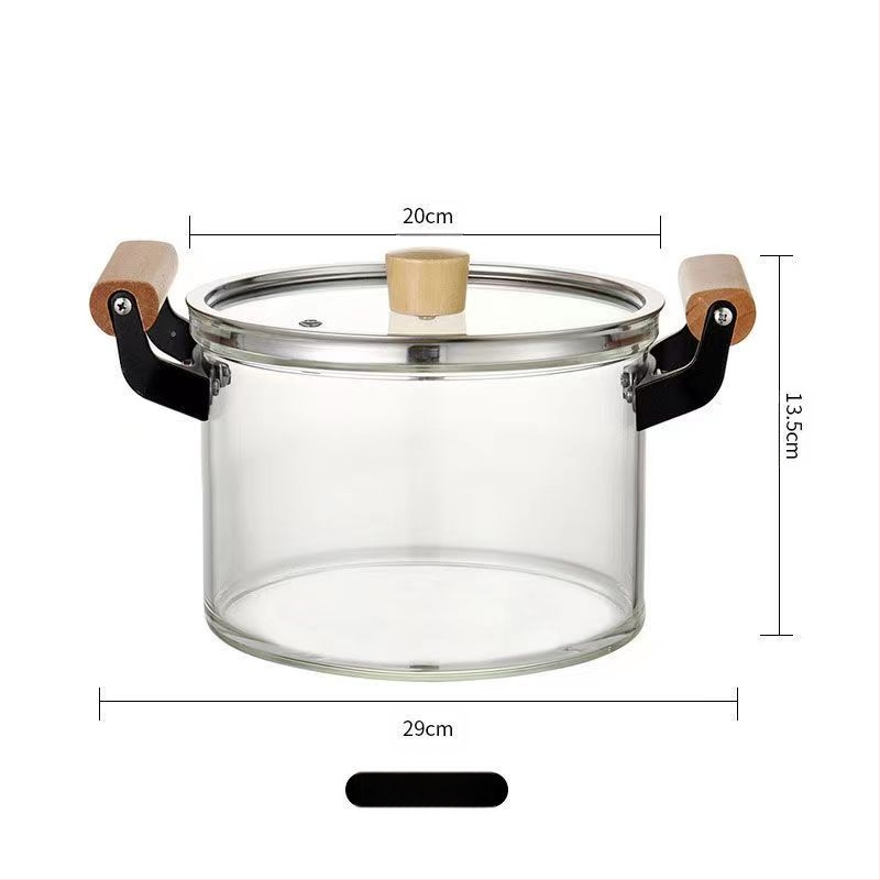 Stiklinis puodas su borosilikatinio stiklo sriubos puodu, troškinio puodu, medinės rankenos pieno puodu su dangčiu, „Temu Dropshipping“ dvigubos ausies puodu su atvira liepsna