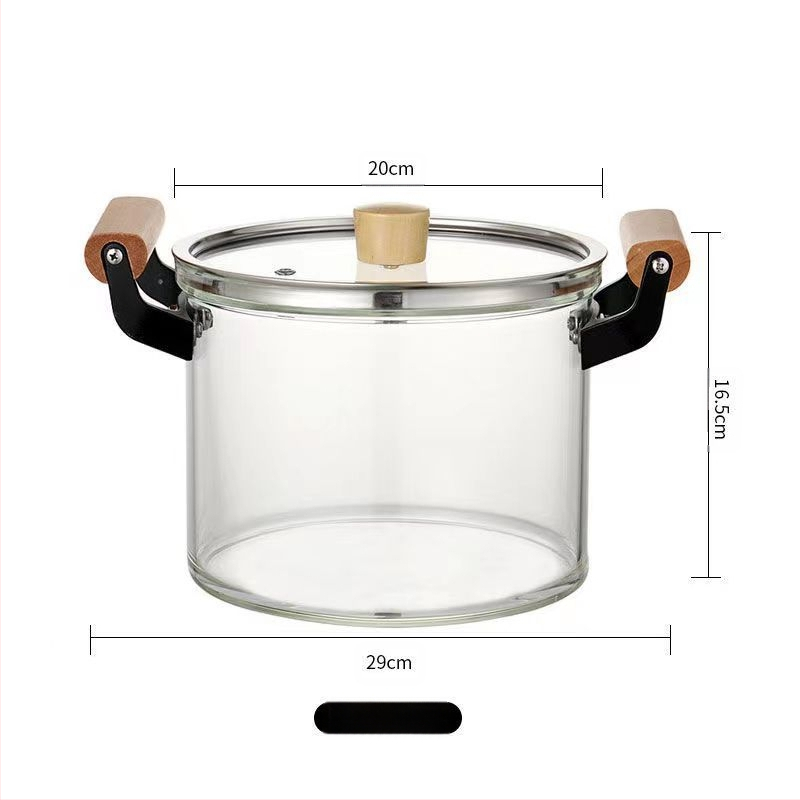 Stiklinis puodas su borosilikatinio stiklo sriubos puodu, troškinio puodu, medinės rankenos pieno puodu su dangčiu, „Temu Dropshipping“ dvigubos ausies puodu su atvira liepsna