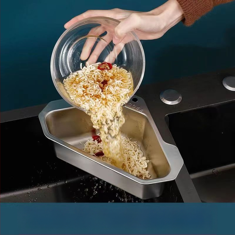 Virtuvės kriauklės nusausinimo krepšelis, 304 nerūdijančio plieno, neperforuojamas, trikampis, daržovių laikymo stovas, baseino likučių filtras