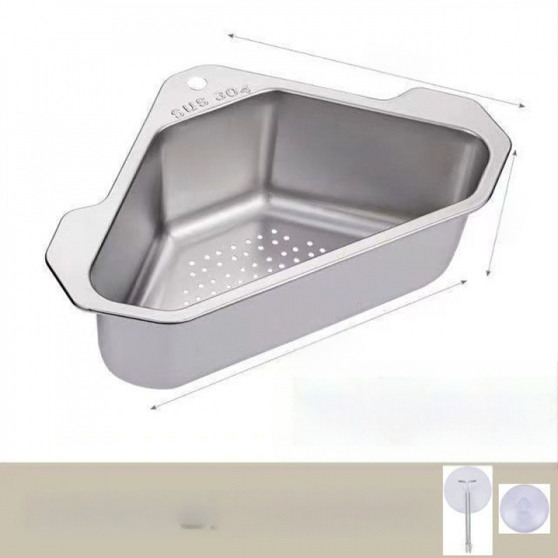 Virtuvės kriauklės nusausinimo krepšelis, 304 nerūdijančio plieno, neperforuojamas, trikampis, daržovių laikymo stovas, baseino likučių filtras