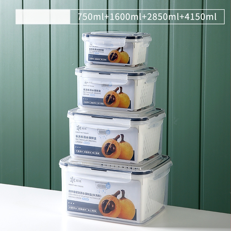 Dvojvrstvová odtoková chladnička na uchovávanie čerstvosti v kuchyni, mrazená potravinárska uzavretá krabica, priehľadná úložná krabica pre domácnosti, veľkoobchod