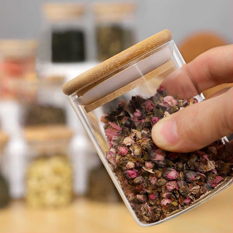 Bambusest kaanega 12-osaline klaaspurk Pearl puuvillast maitseainetega kuivatatud puuviljade hoiukarp Kõrge borosilikaadiga kuumakindel hoiukarp hulgimüügist