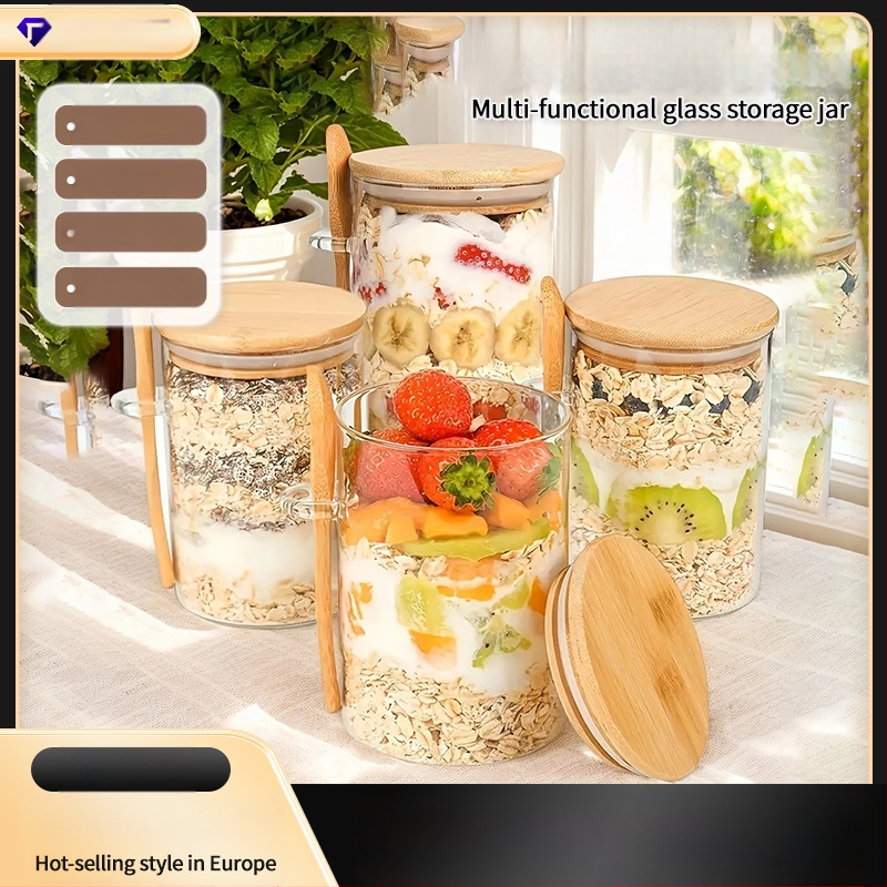 Didelio borosilikatinio jogurto avižinių dribsnių stiklinis butelis su dangteliu, šaukštu, sandariu baku, virtuvės prieskonių grūdų laikymo stiklinis indas