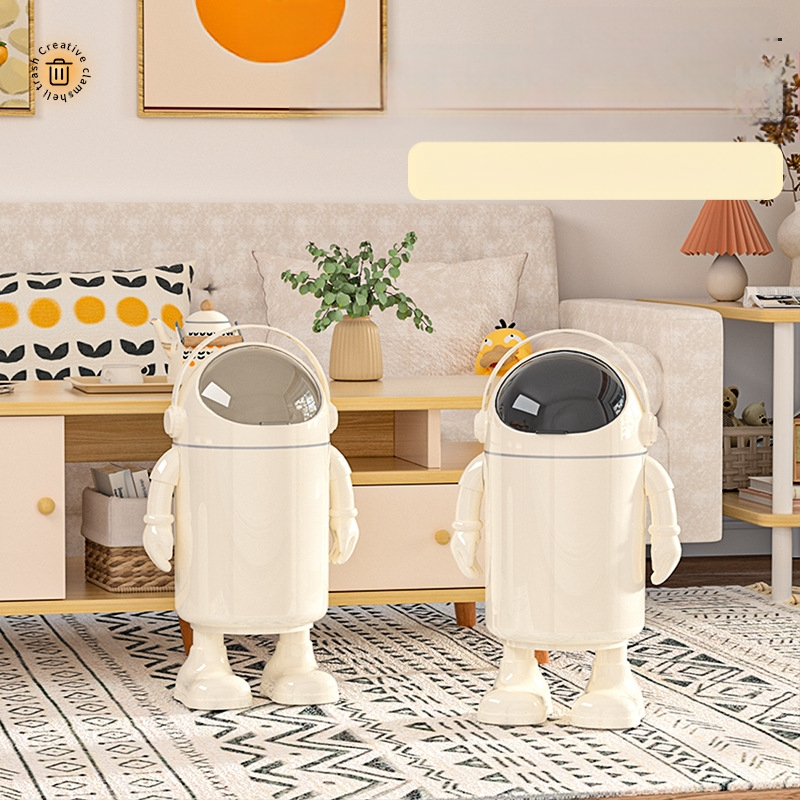 Atkritumu tvertne ar augstu skaistuma vērtību 2025. gada dzīvojamā istaba, mājsaimniecības atkritumi, jauks, jautrs multfilmas astronauta tualetes papīrs, liels uzglabāšanas spainis ar vāku