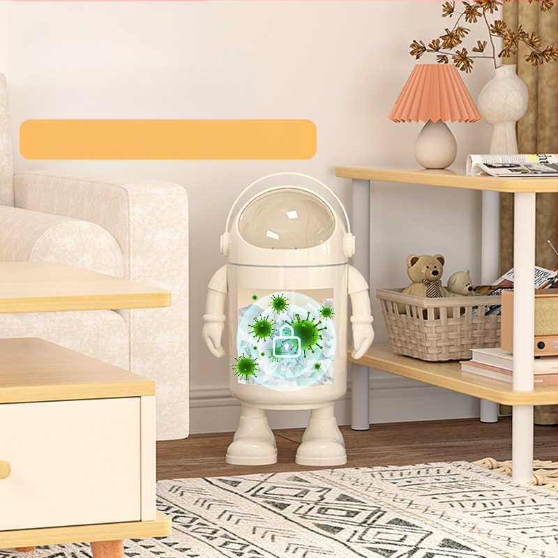 Atkritumu tvertne ar augstu skaistuma vērtību 2025. gada dzīvojamā istaba, mājsaimniecības atkritumi, jauks, jautrs multfilmas astronauta tualetes papīrs, liels uzglabāšanas spainis ar vāku