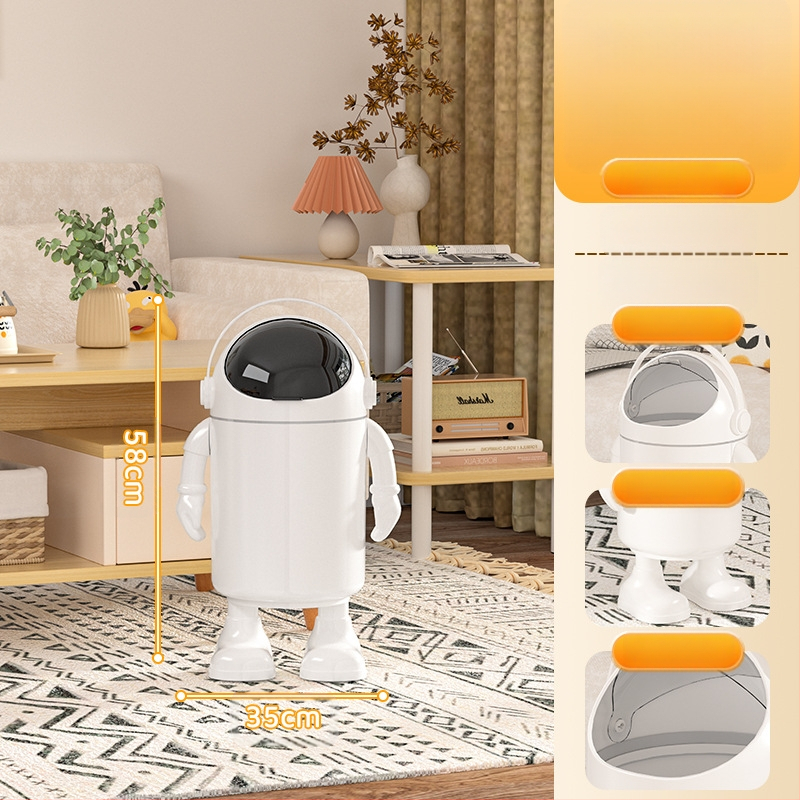 Atkritumu tvertne ar augstu skaistuma vērtību 2025. gada dzīvojamā istaba, mājsaimniecības atkritumi, jauks, jautrs multfilmas astronauta tualetes papīrs, liels uzglabāšanas spainis ar vāku