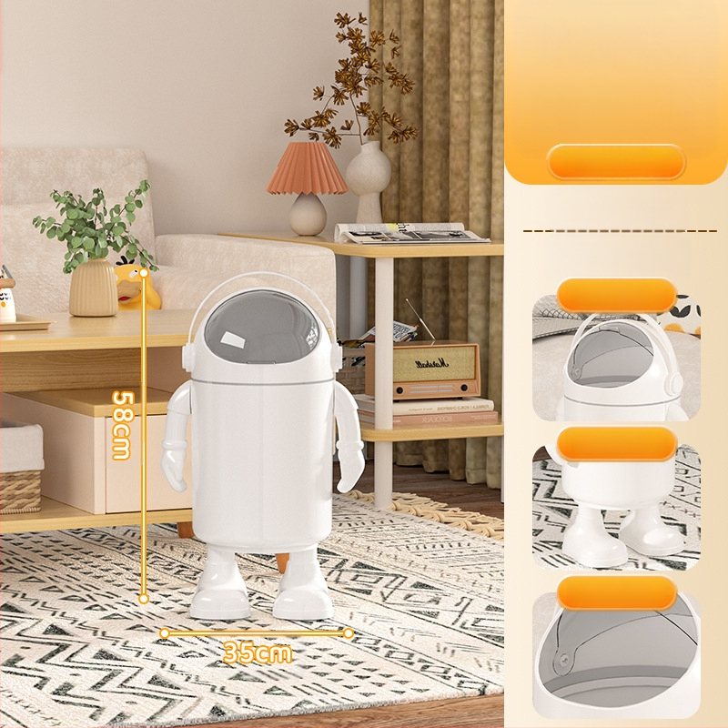 Atkritumu tvertne ar augstu skaistuma vērtību 2025. gada dzīvojamā istaba, mājsaimniecības atkritumi, jauks, jautrs multfilmas astronauta tualetes papīrs, liels uzglabāšanas spainis ar vāku