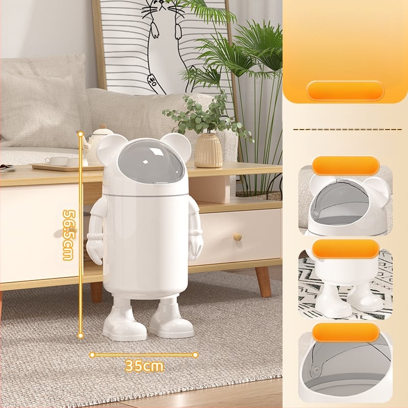 Atkritumu tvertne ar augstu skaistuma vērtību 2025. gada dzīvojamā istaba, mājsaimniecības atkritumi, jauks, jautrs multfilmas astronauta tualetes papīrs, liels uzglabāšanas spainis ar vāku