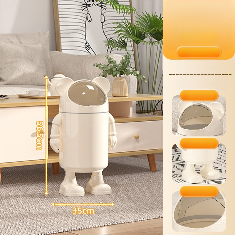 Atkritumu tvertne ar augstu skaistuma vērtību 2025. gada dzīvojamā istaba, mājsaimniecības atkritumi, jauks, jautrs multfilmas astronauta tualetes papīrs, liels uzglabāšanas spainis ar vāku