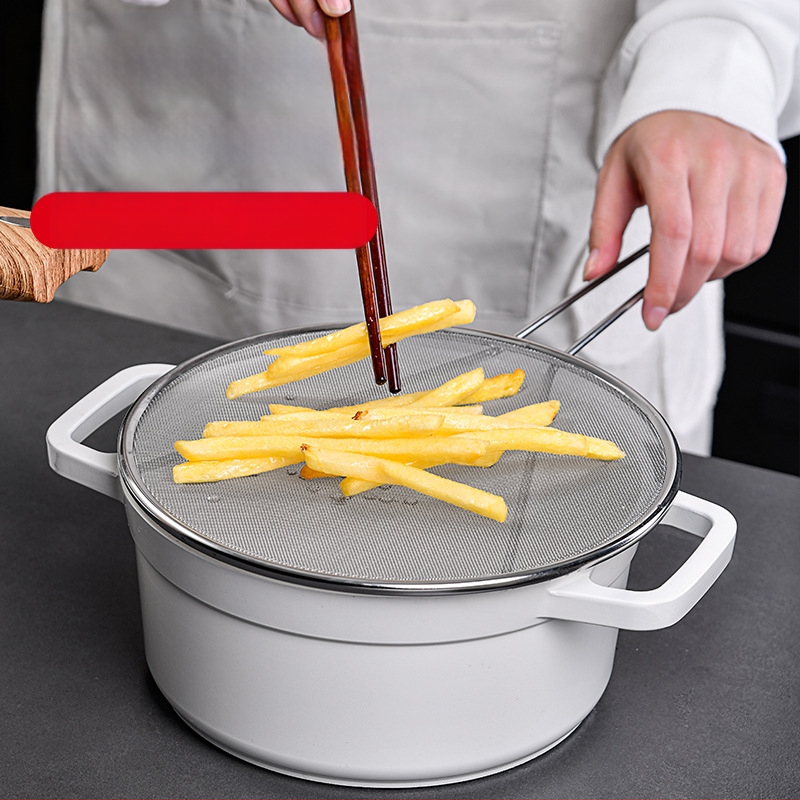 Nerūdijančio plieno aliejui atsparus purslų puodo dangtis, apvalus virtuvės buitinis aliejui atsparus sprogimui atsparus tinklelis su rankena, aliejui atsparus purslams atsparus tinklelis, aliejui atsparus kanalizacijos dangtis