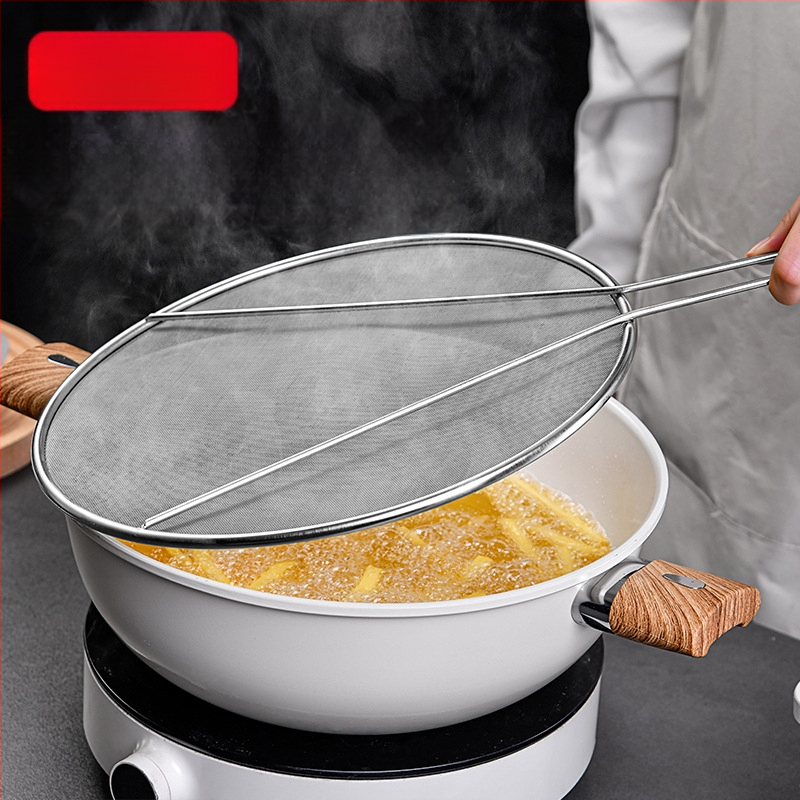 Nerūdijančio plieno aliejui atsparus purslų puodo dangtis, apvalus virtuvės buitinis aliejui atsparus sprogimui atsparus tinklelis su rankena, aliejui atsparus purslams atsparus tinklelis, aliejui atsparus kanalizacijos dangtis