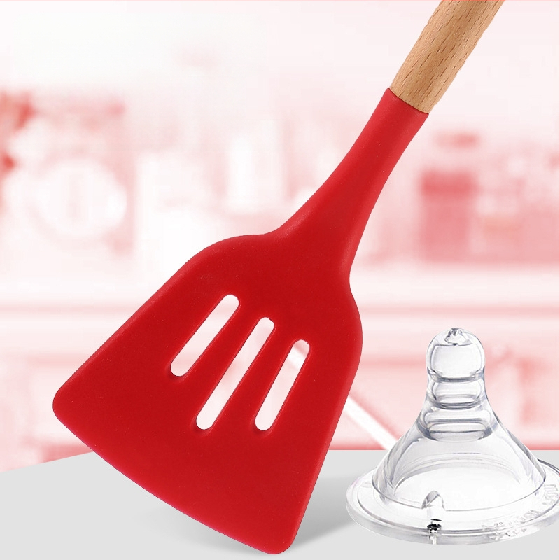 Medinės rankenos silikoniniai virtuvės reikmenys, 12 dalių rinkinys su nelimpančia danga, keptuvės, kastuvo, kastuvo rinkinys, sriubos šaukštas, žvejybos tvora, virtuvės reikmenys su kibiru laikymui