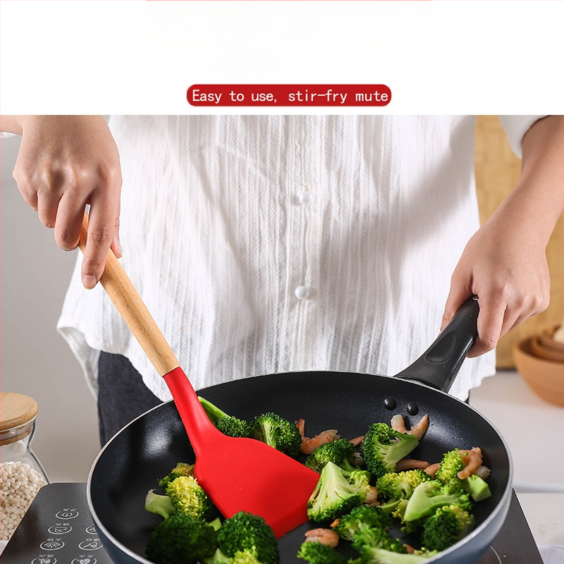 Medinės rankenos silikoniniai virtuvės reikmenys, 12 dalių rinkinys su nelimpančia danga, keptuvės, kastuvo, kastuvo rinkinys, sriubos šaukštas, žvejybos tvora, virtuvės reikmenys su kibiru laikymui