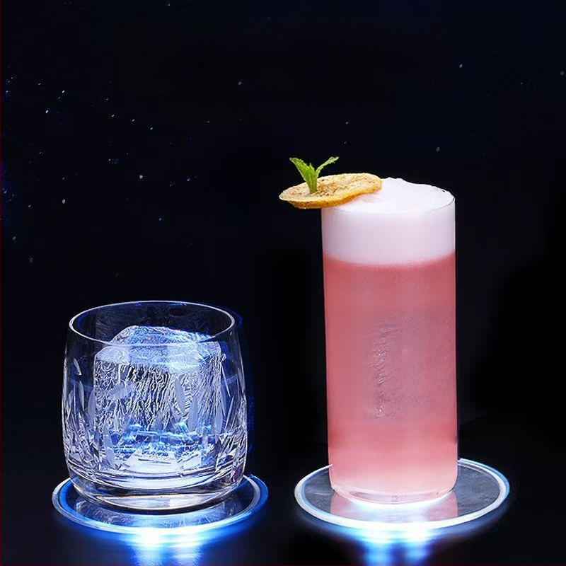 Akrilo šviečiantys padėkliukai, blykstės LED padėkliukų baro atmosfera, šviesos padėkliukai, vyno butelio pagrindas, blykstės puodelio lipdukas, logotipas