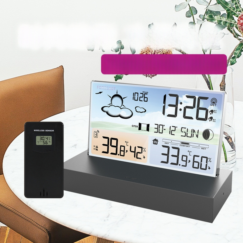 Naujas tarpvalstybinis produktas – skaidrus stiklinis orų laikrodis 3396C, spalvotas ekranas, belaidis daugiafunkcis orų prognozės skaitmeninis žadintuvas