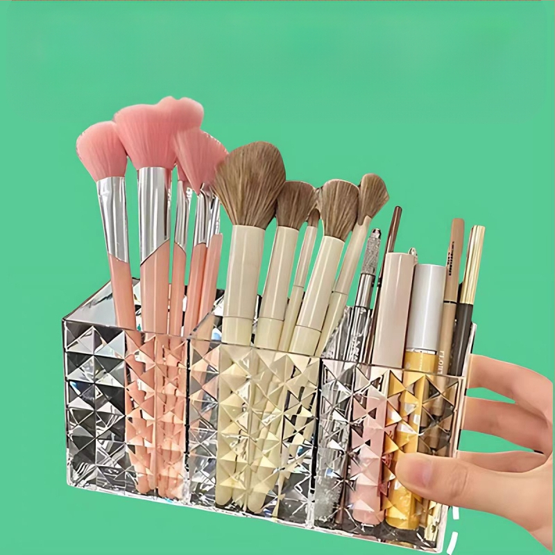PS anyagból készült vastagított átlátszó háromrekeszes kozmetikai tárolódoboz gyémánt mintás sminktoll szemöldöktoll tárolócső asztali tollcső