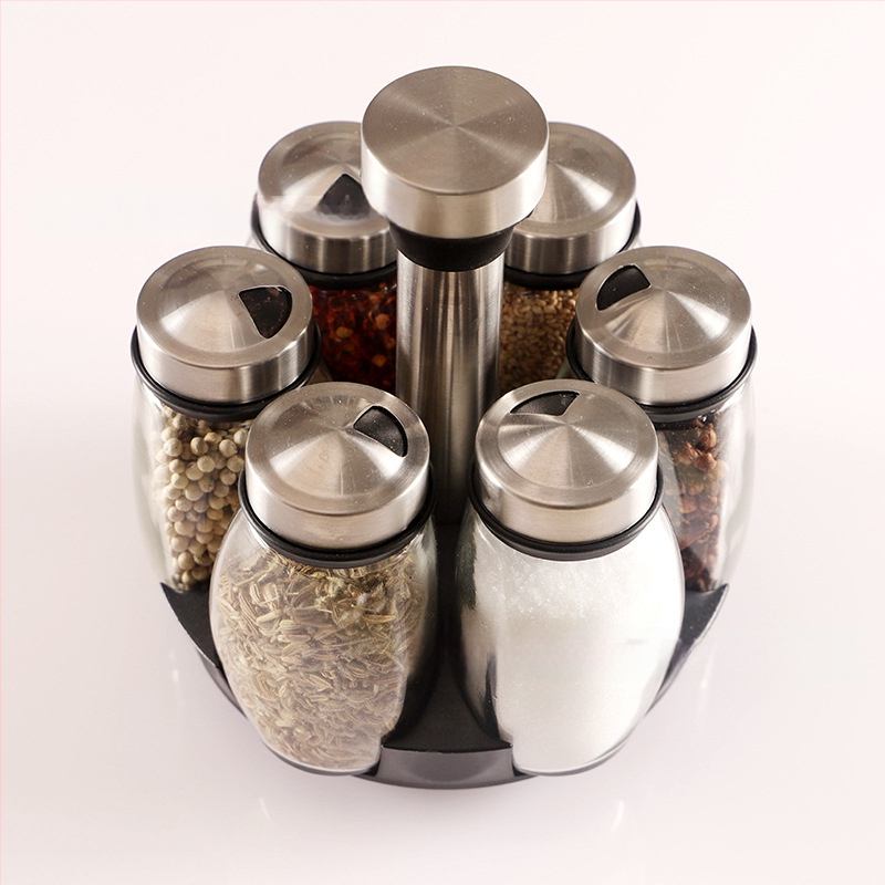 Virtuvės reikmenys Stiklinis prieskonių butelis Besisukantis rinkinys Nerūdijančio plieno prieskonių indelis Prieskonių indelis Prieskonių butelių stovas Prieskonių dėžutė