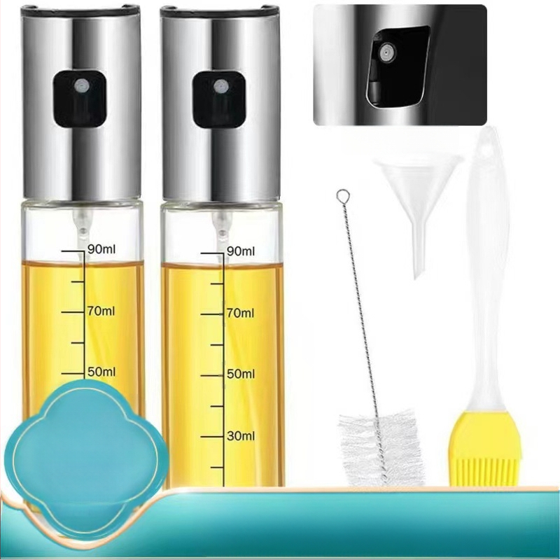 [Износ и износ] Комплект от четири части бутилка за пръскане от неръждаема стомана с четка, фуния, преса, спрей за барбекю, бутилка за олио