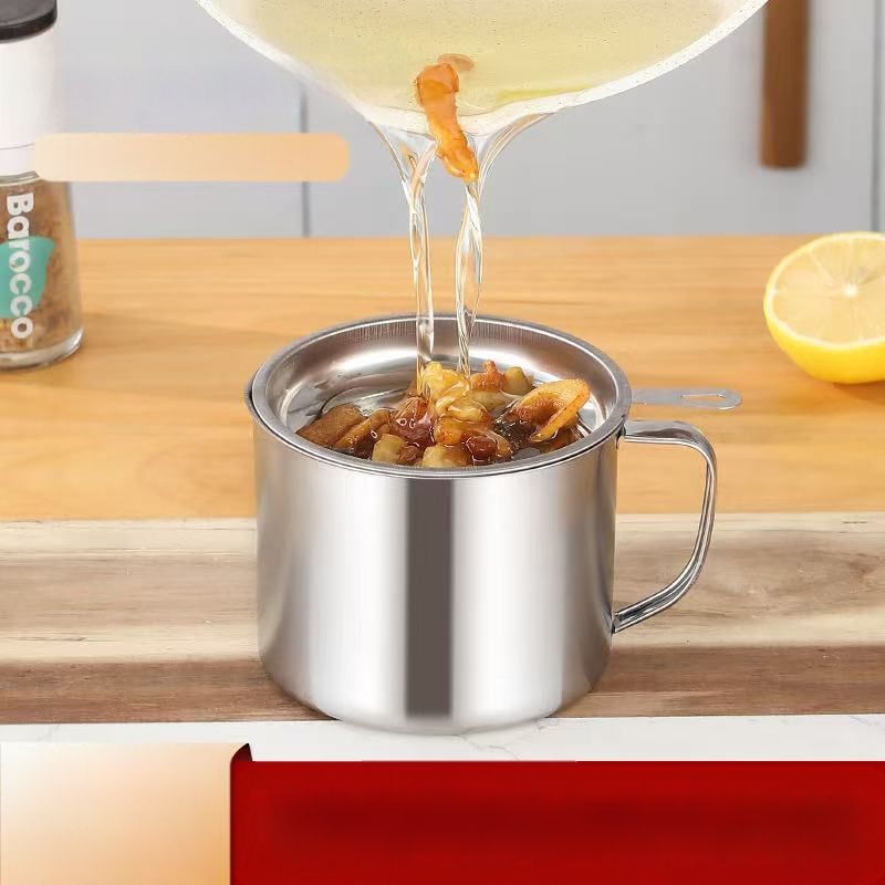 Tarpvalstybinis karšto pardavimo nerūdijančio plieno alyvos filtro puodas virtuvėje su didelės talpos alyvos puodu su filtro tinkleliu alyvos filtro puodo alyvos kaupimo bako filtro puodelis