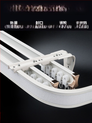 Užuolaidų bėgių skriemulys, viršuje montuojamas kablio tipo šone montuojamas lenktas bėgelis, įlankos langas su aliuminio lydiniu, dvigubo bėgelio slydimo nutildymo kreipiančioji bėgelė