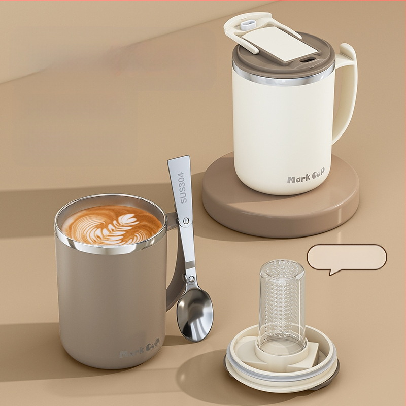 Gyárilag közvetlen szállítású, magas színű, 304 rozsdamentes acélból készült kávésbögre, tealefolyóval és fedéllel ellátott irodai bögregenerációval